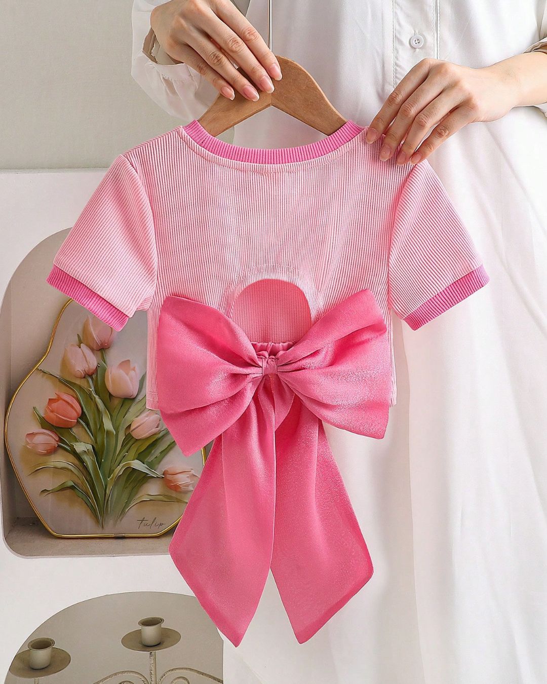 Young Girls Knitted Solid Color Splicing Fitted Backless O-Ring Crop Top | 4Y - 7Y