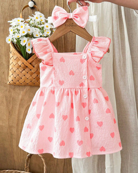 Baby Girls Halter Short Sleeve Pink Watercolor Striped Heart Patterned Dress With Headband | 0M - 6M
