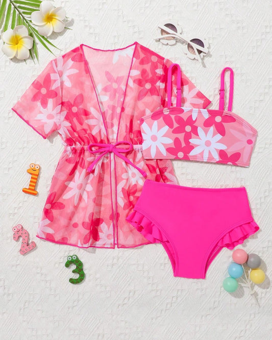 Baby Girls Floral Print Ruffle Trim Swimsuit Set with Kimono | 9M - 3Y
