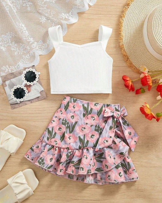 Baby Girls Solid Color Cami Top & Floral Print Skirt Set | 6M - 3Y