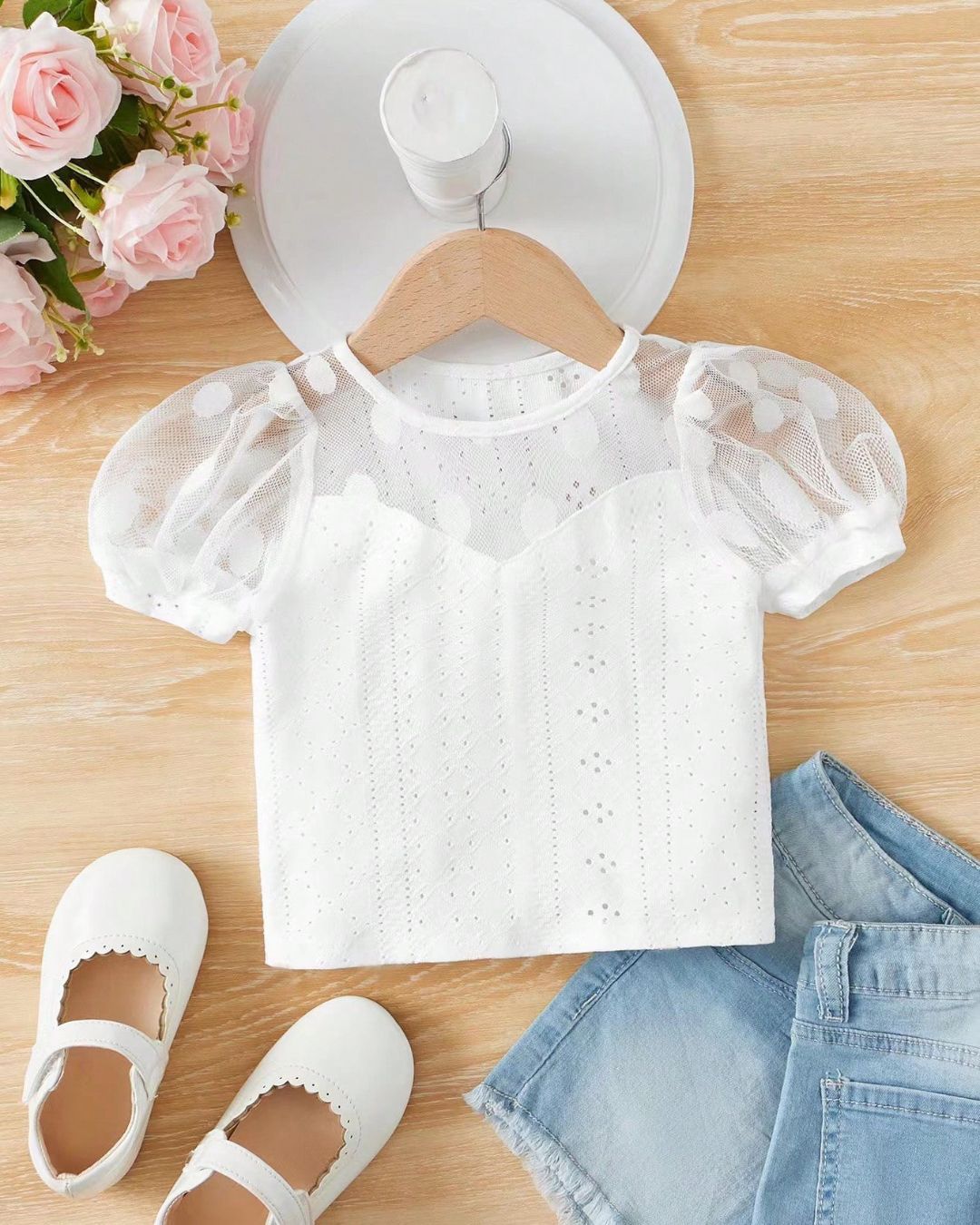 Baby Girls Contrast Mesh Puff Sleeve Schiffy Top | 6M - 3Y