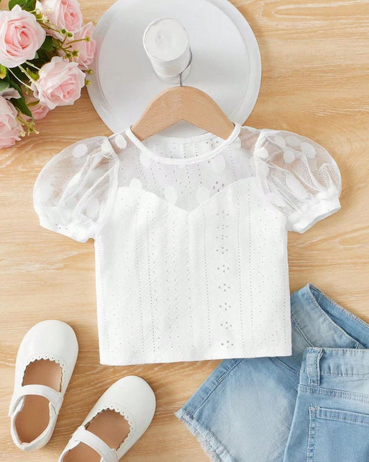 Baby Girls Contrast Mesh Puff Sleeve Schiffy Top | 6M - 3Y