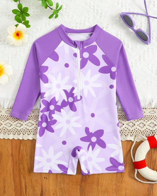 Baby Girls Floral Print Long Sleeve One Piece Swimsuit | 6M - 3Y