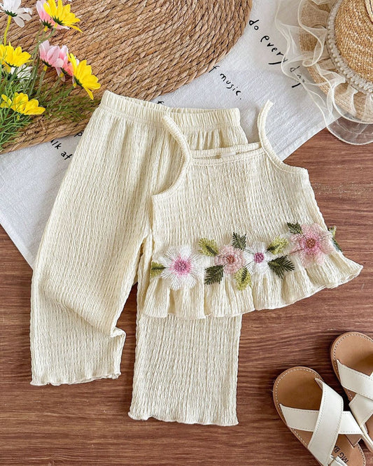 Baby Girls Casual Vacation Style 3D Floral Print Sleeveless Camisole Top & Pant Set | 6M - 3Y
