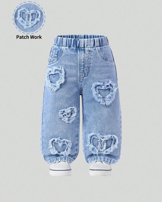 Baby Girls Light Wash Heart Patch Embroidered Wide Legs Denim | 6M - 3Y