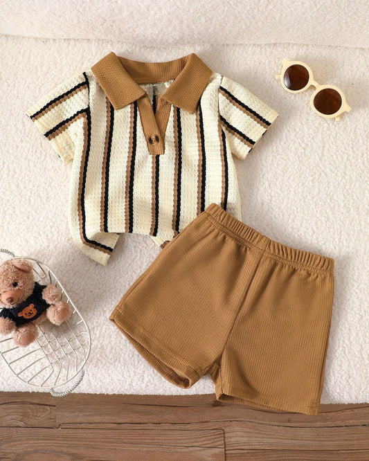 Baby Boys Spring & Summer Khaki Color Textured Fabric Striped V-Neck Top & Shorts Set | 6M - 3Y
