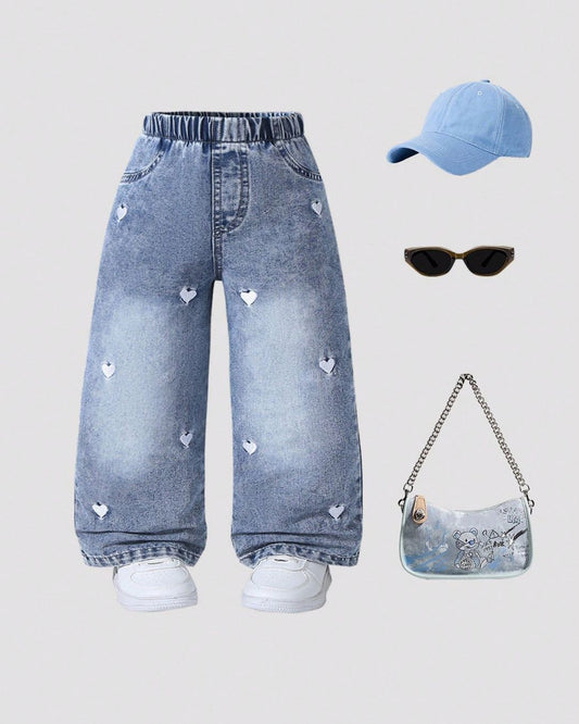Baby Girls White Heart Embroidered Vintage Medium Blue Washed Loose Straight Leg Denim | 6M - 3Y