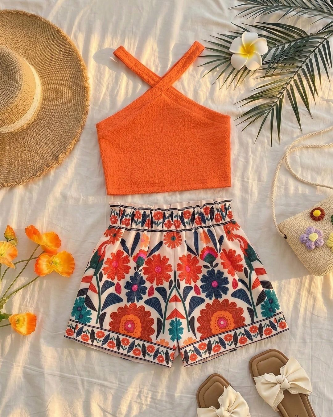 Young Girls Knitted Orange Color Sleeveless Top & Floral Printed Shorts Set | 4Y - 7Y