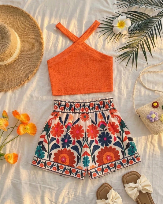Young Girls Knitted Orange Color Sleeveless Top & Floral Printed Shorts Set | 4Y - 7Y