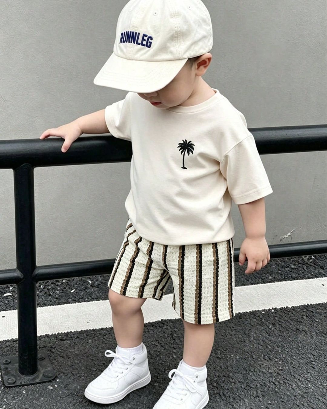 Baby Boys Palm Tree Embroidered Tee & Striped Shorts Set | 1M - 18M