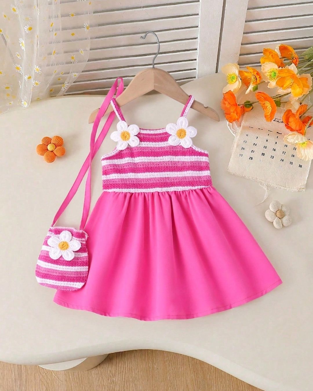 Baby Girls Summer Pink Stripe Sleeveless Dress With Matching Mini Crossbody Bag | 6M - 3Y