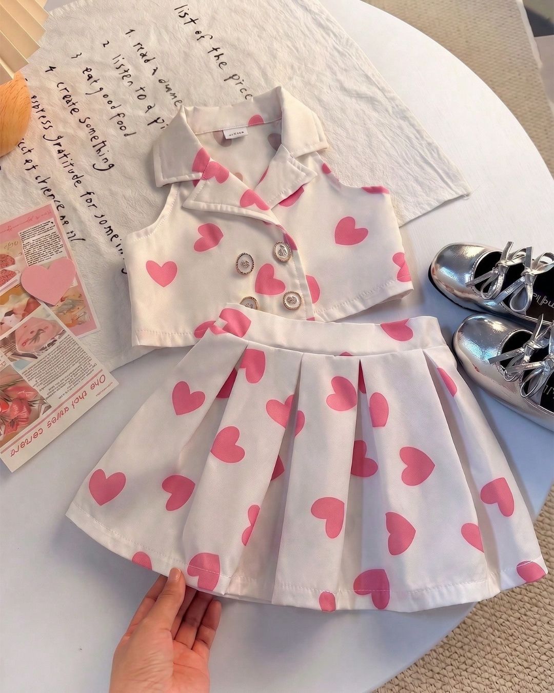 Baby Girls Sleeveless Pink Heart Printed Simple Button Front Top & Mini Skirt Set | 6M - 3Y