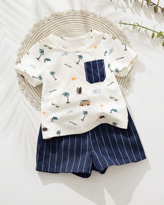 Baby Boys Cartoon Animal Printed Soft Knit Short Sleeve Top & Waist Striped Shorts Set | 6M - 3Y