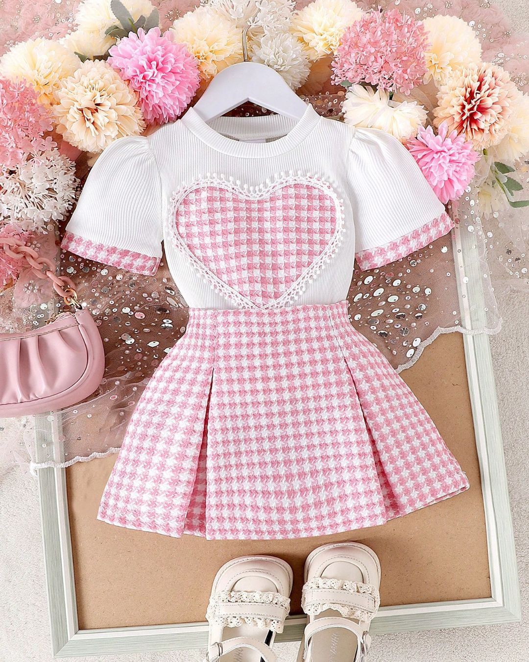 Baby Girls Cute White Ribbed Short Sleeve Top & Plaid Skirt Set | 6M - 3Y