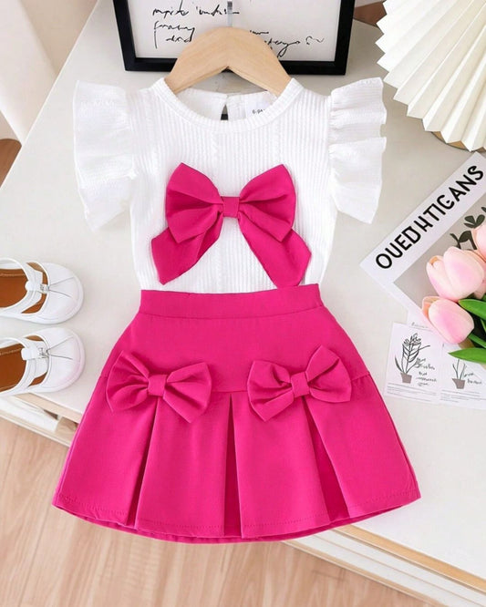 Baby Girls Elegant White Cap Sleeve Top & Rose Red Skirt Set | 6M - 3Y