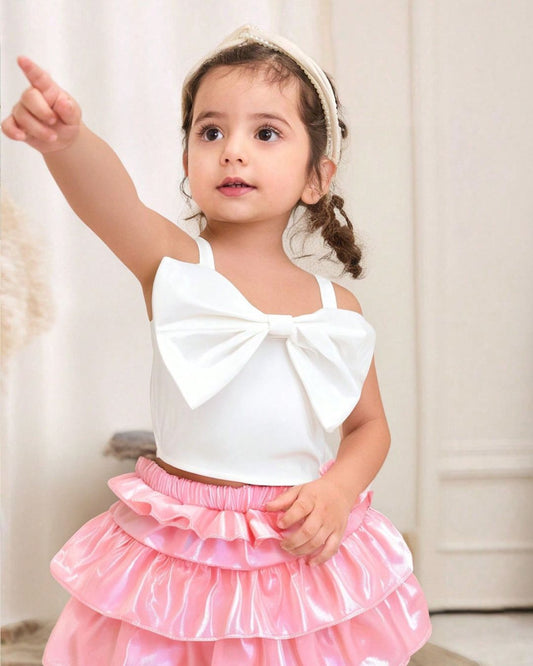 Baby Girls Sweet Bow White Camisole Top & Pink Ruffled Skirt Set | 6M - 24M