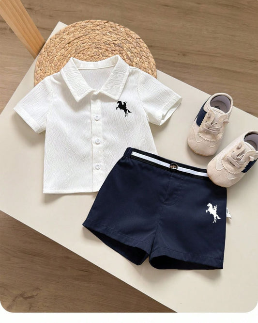 Newborn Baby Girl/Boy Summer Casual Versatile Short Sleeve Shirt & Elastic Waist Khaki Belt Short Sets | 0M - 6M