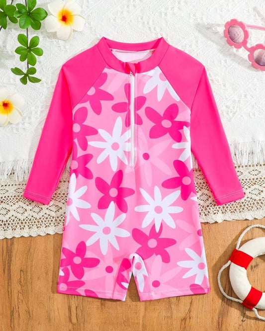 Young Girls Flowers Printed Long Sleeve One-Piece Swimsuit | 4Y - 7Y
