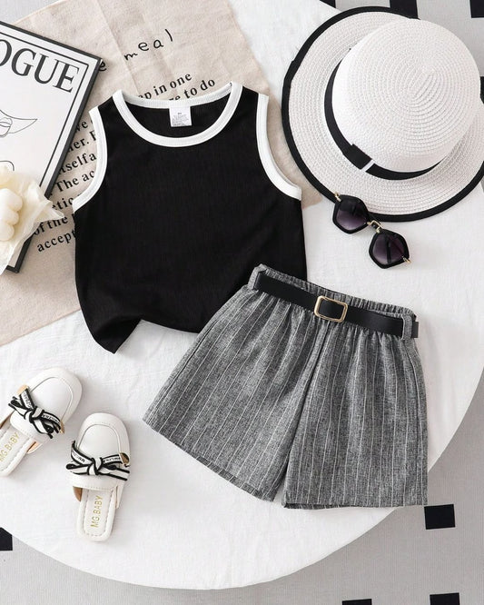 Young Girls White Trimmed Black Sleeveless Top & Grey Textured Shorts Set | 5Y - 7Y