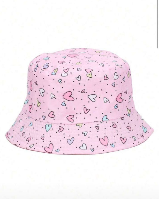 BB Multicolored Hearts & Dots Printed Pink Bucket Hat | 3Y - 8Y