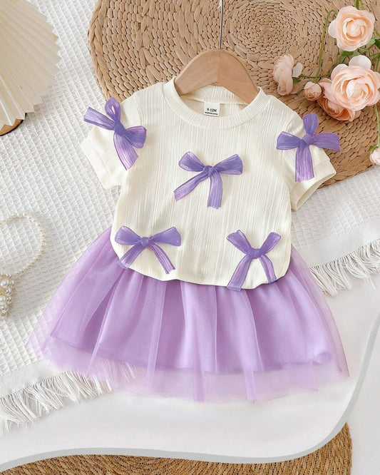 Baby Girls Apricot Knit Short Sleeve Multiple Bows Top &  Mesh Skirt | 3M - 3Y