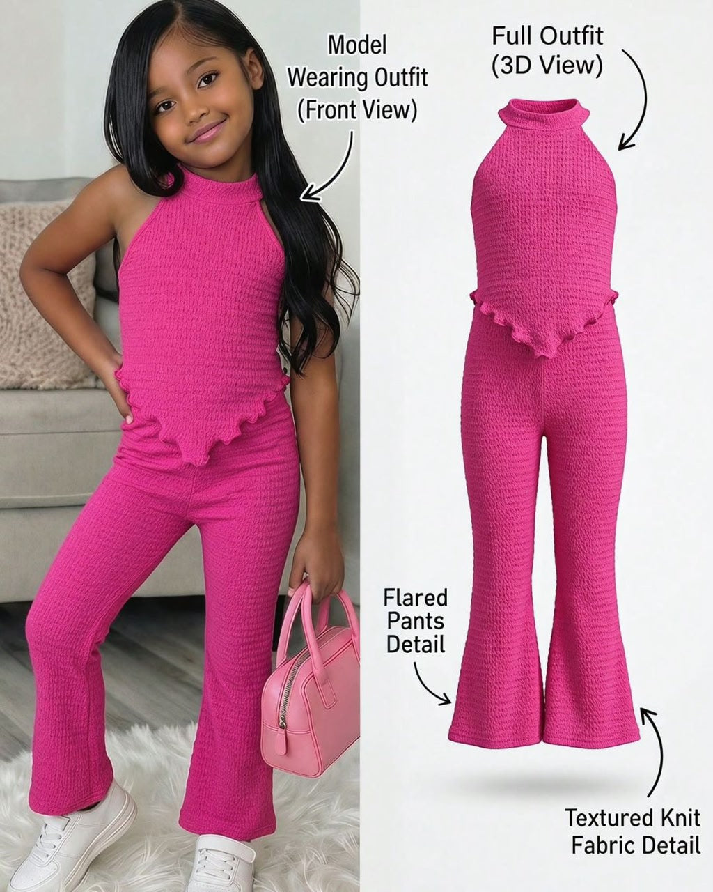 Young Girls Casual Fuchsia Knit Texture Halter Neck Top & Leggings Set | 4Y - 7Y