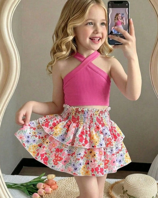 Young Girls Vacation Halter Top & Floral Ruffle Skirt | 4Y - 7Y