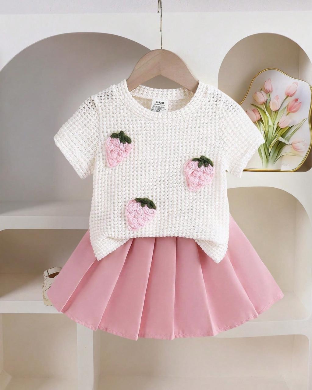 Baby Girls Strawberry Embroidered Tee & Pleated Skirt Set | 6M - 3Y