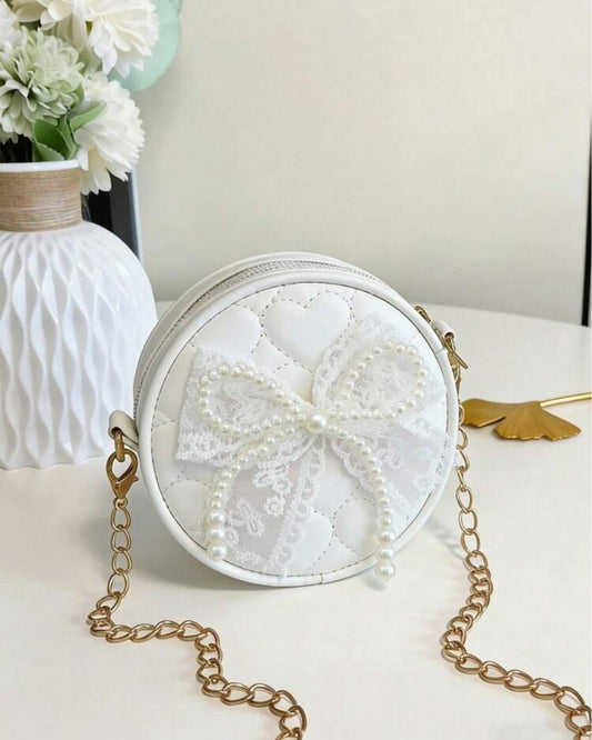 BB White Lace Bow Chain Crossbody Round Bag