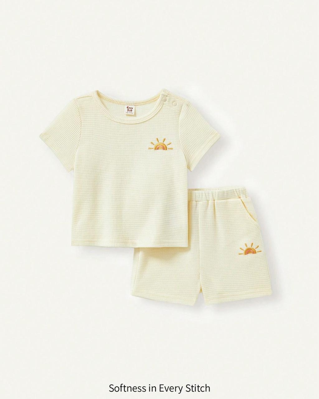 New born Sun embroidered Solid Color Tee & Shorts Set | 0 - 1M