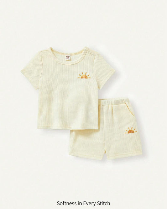 New born Sun embroidered Solid Color Tee & Shorts Set | 0 - 1M