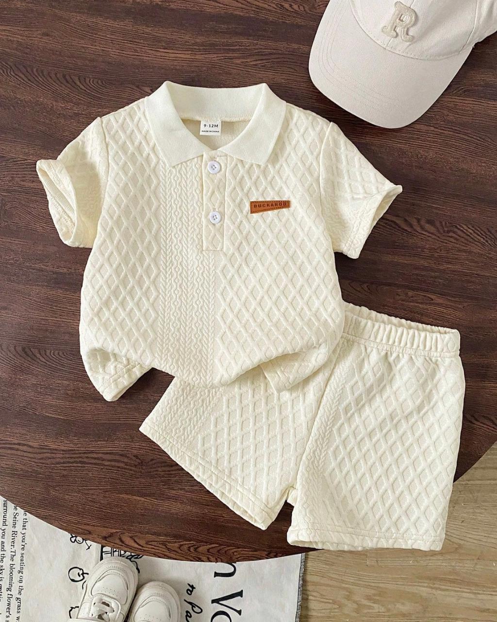 Baby Boys Off-white Summer Casual Textured Polo Shirt & Shorts Set | 6M - 3Y