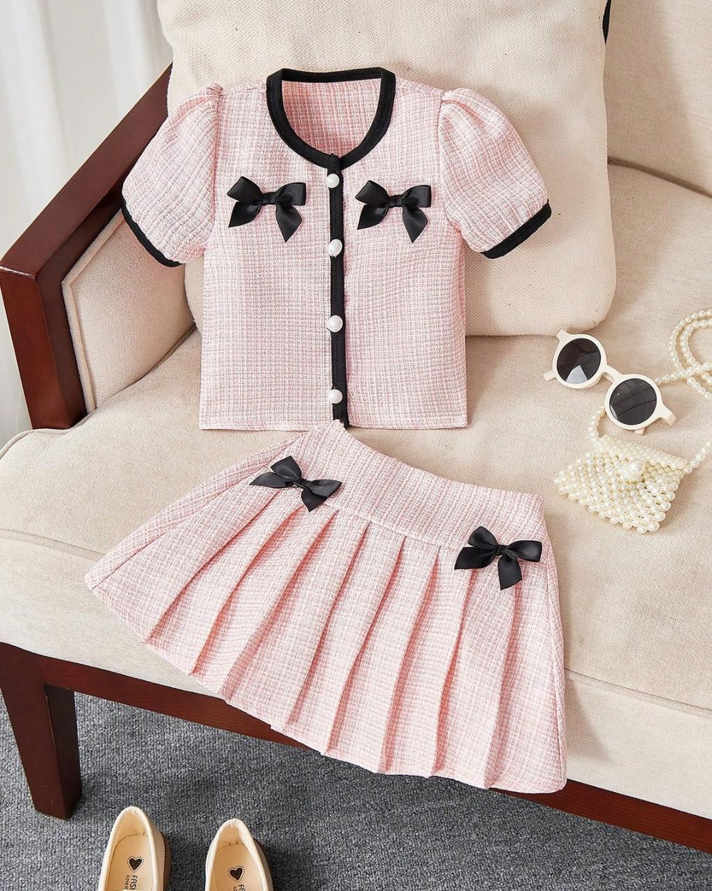 Baby Girls Bow Decor Puff Sleeve Top & Pleated Skirt Set | 6M - 3Y