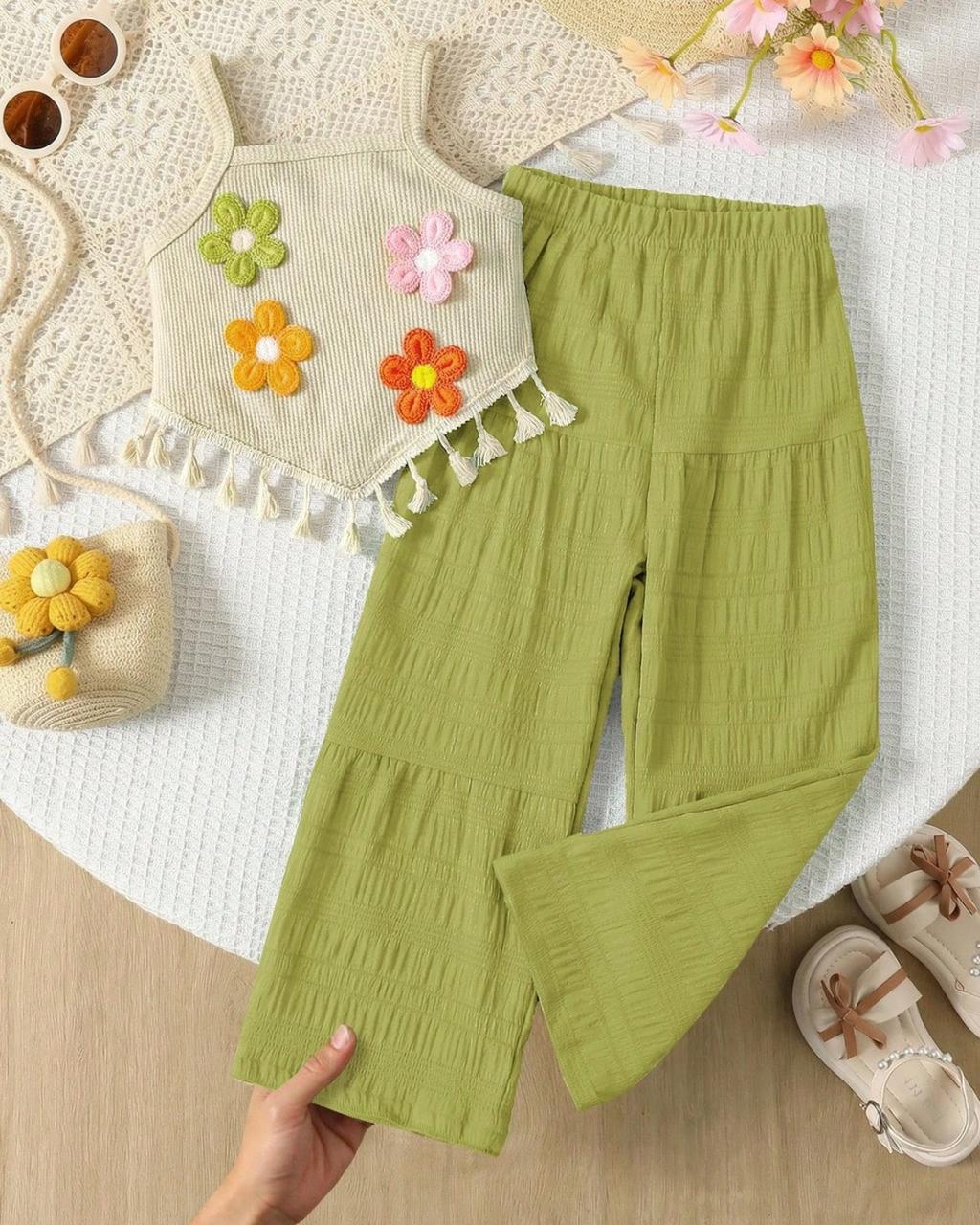 Young Girls Flowers Embroidery Asymmetrical Hem Top & Casual Pants Set | 4Y - 7Y