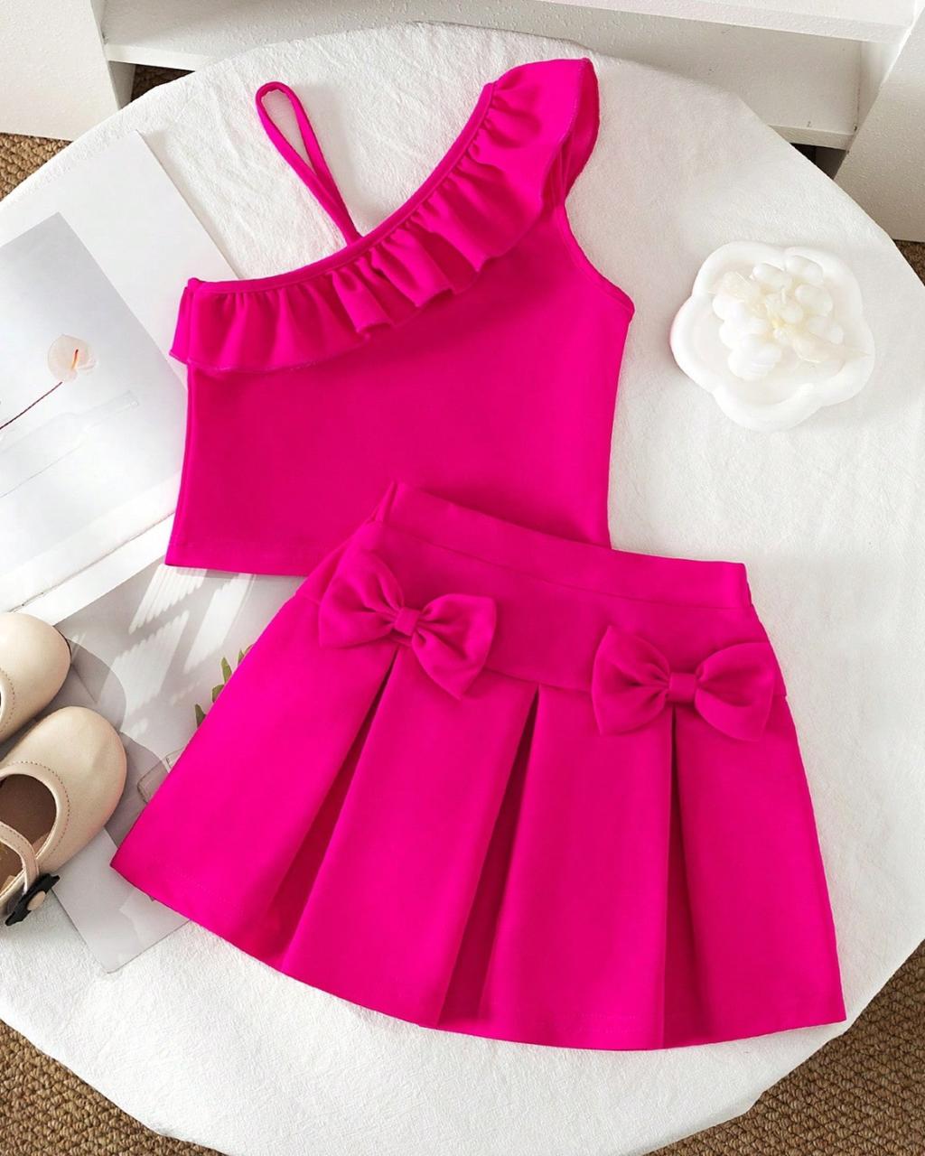 Young Girls Ruffled Trim Singlet Crop Top & Bow Decor Skirt Set | 4Y - 7Y