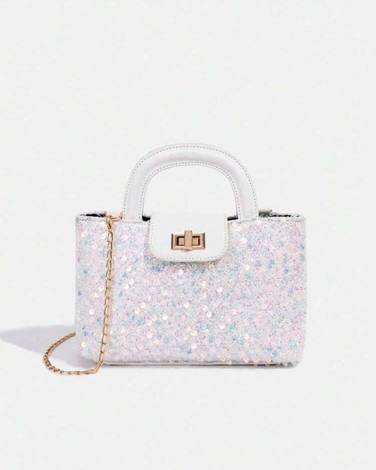 BB Twist Lock Decor White Sequin Crossbody Bag
