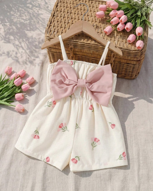 Baby Girls Adorable Tulips Printed with Bow Romper | 6M - 3Y