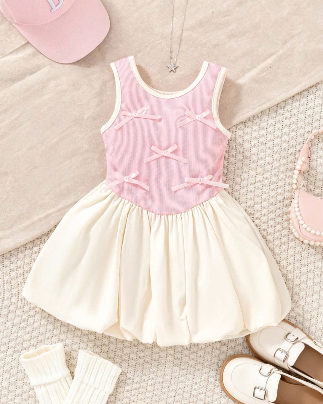 Baby Girls White & Pink Colorblock Patchwork Ribbed Knit Multi Bowknot Sleeveless Dress | 6M - 3Y