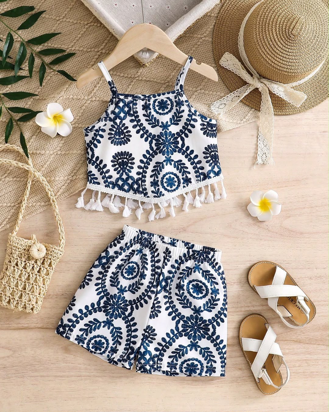 Baby Girls Blue & White Indigo Print Cami Top & Shorts Set | 6M - 3Y