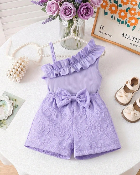 Baby Girls Lavender Ruffled Asymmetrical Strap Top & Bow Shorts Set | 6M - 3Y
