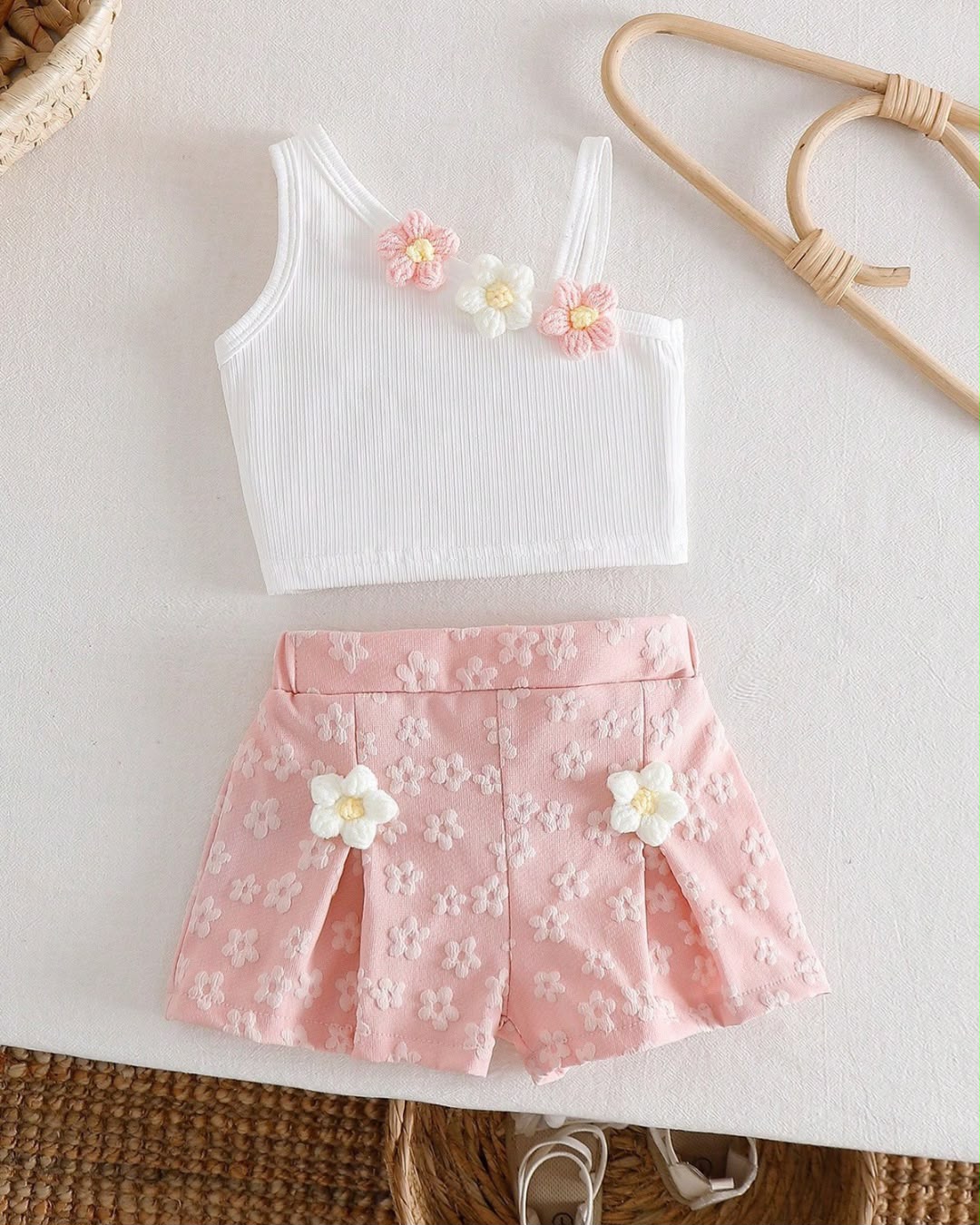 Baby Girls Pink & White Asymmetrical Shoulder Floral Top & Bow Elastic Waist Shorts | 6M - 3Y
