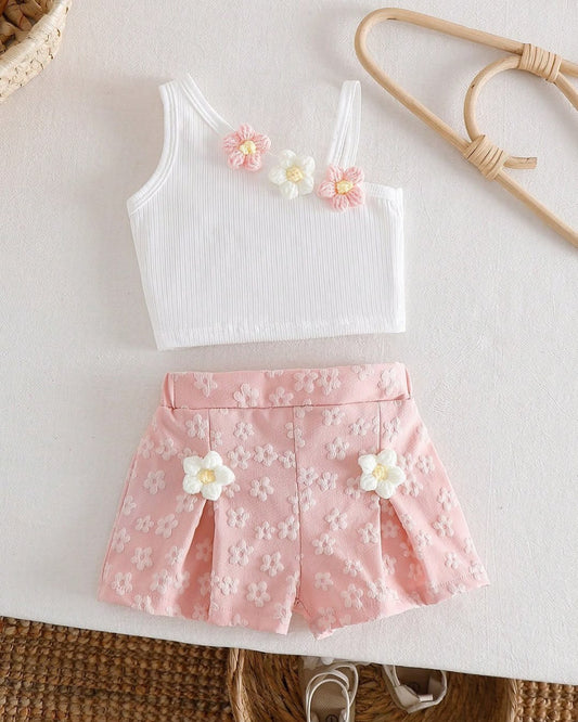 Baby Girls Pink & White Asymmetrical Shoulder Floral Top & Bow Elastic Waist Shorts | 6M - 3Y
