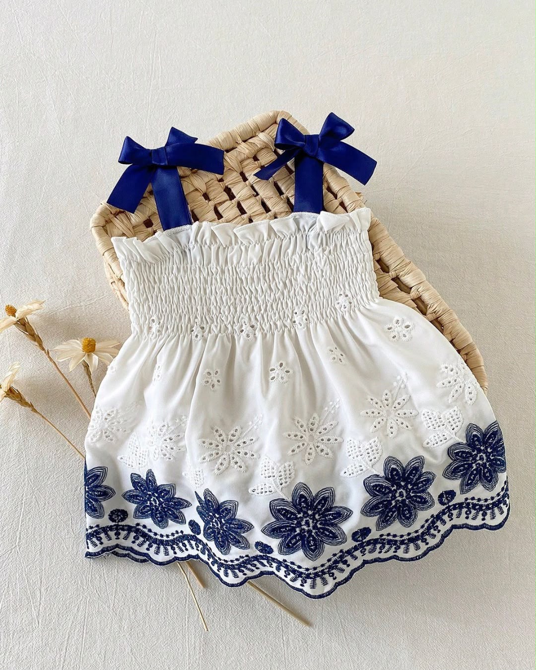 Baby Girls Holiday Patchwork Bow Strap Embroidered Hem Dress | 6M - 3Y
