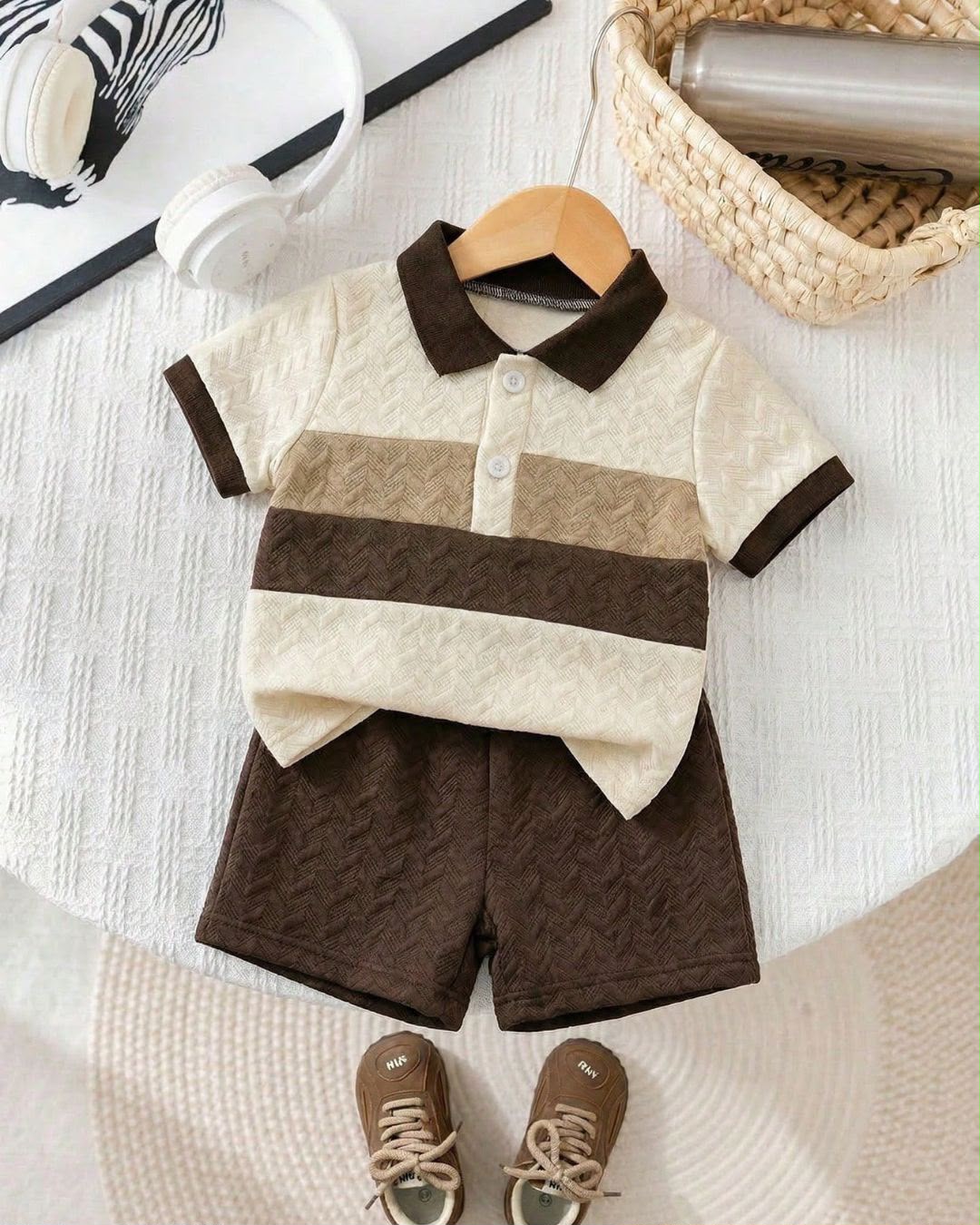 Baby Boys Casual Apricot Wavy Pattern Polo Shirt & Dark Brown Shorts Set | 3M - 3Y