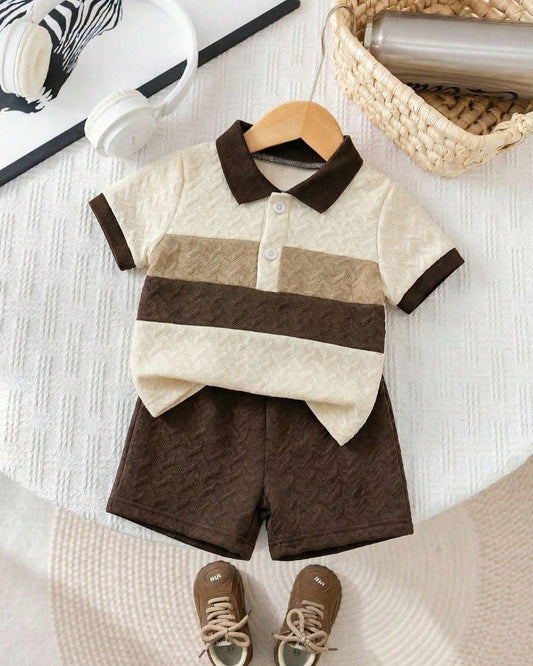 Baby Boys Casual Apricot Wavy Pattern Polo Shirt & Dark Brown Shorts Set | 3M - 3Y