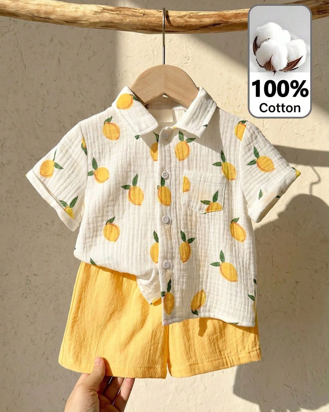 Baby Boys Cute Lemon Print Shirt & Yellow Elastic Waist Shorts Set | 6M - 3Y