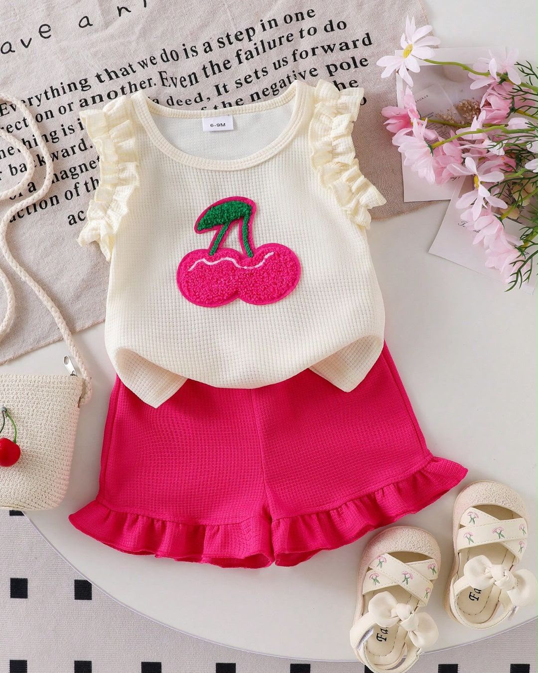 Baby Girls Summer Fashionable Cherry Embroidery Sleeveless Top & Ruffle Elastic Waist Shorts Set | 6M - 3Y