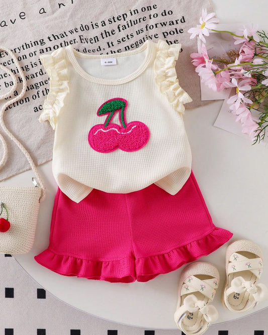 Baby Girls Summer Fashionable Cherry Embroidery Sleeveless Top & Ruffle Elastic Waist Shorts Set | 6M - 3Y
