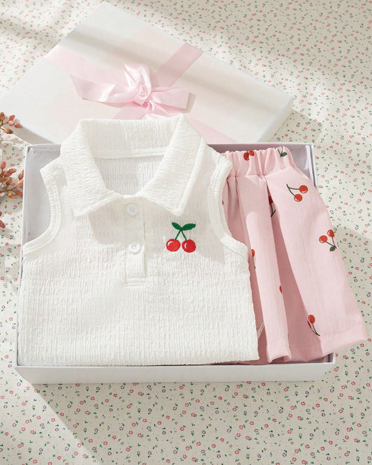 Baby Girls Cherry Embroidery White Ribbed Polo Collar Sleeveless Top & Pink Ribbed High Waist Pleated Skirt | 9M - 3Y