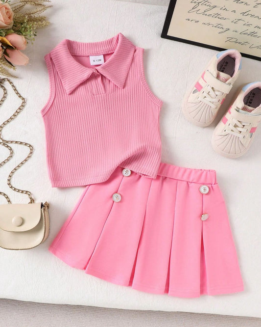 Baby Girls Polo Collar Vest Top & Pink Pleated Skirt Set | 6M - 3Y